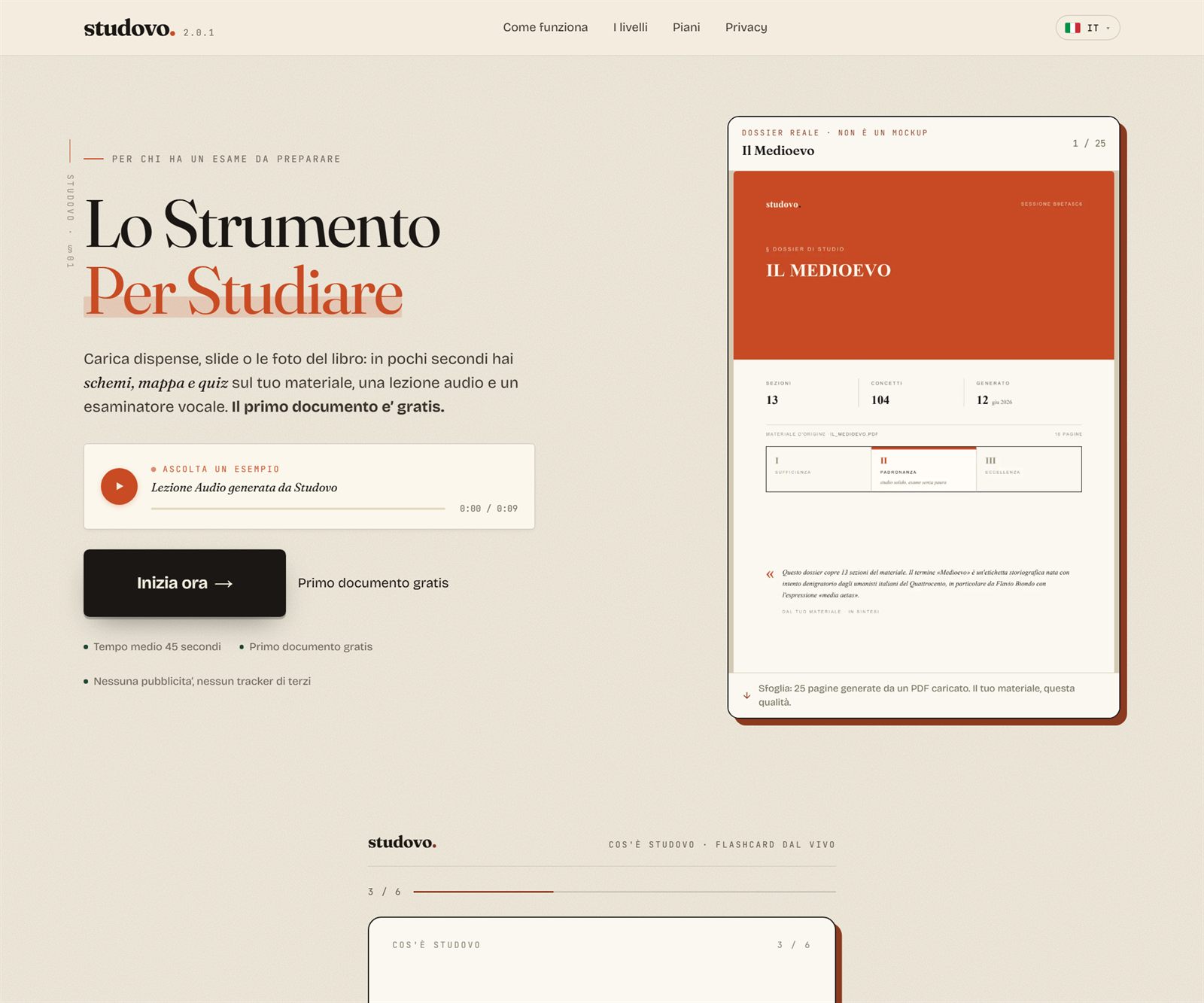 Home page di Studovo con il titolo Lo Strumento Per Studiare e un dossier di esempio