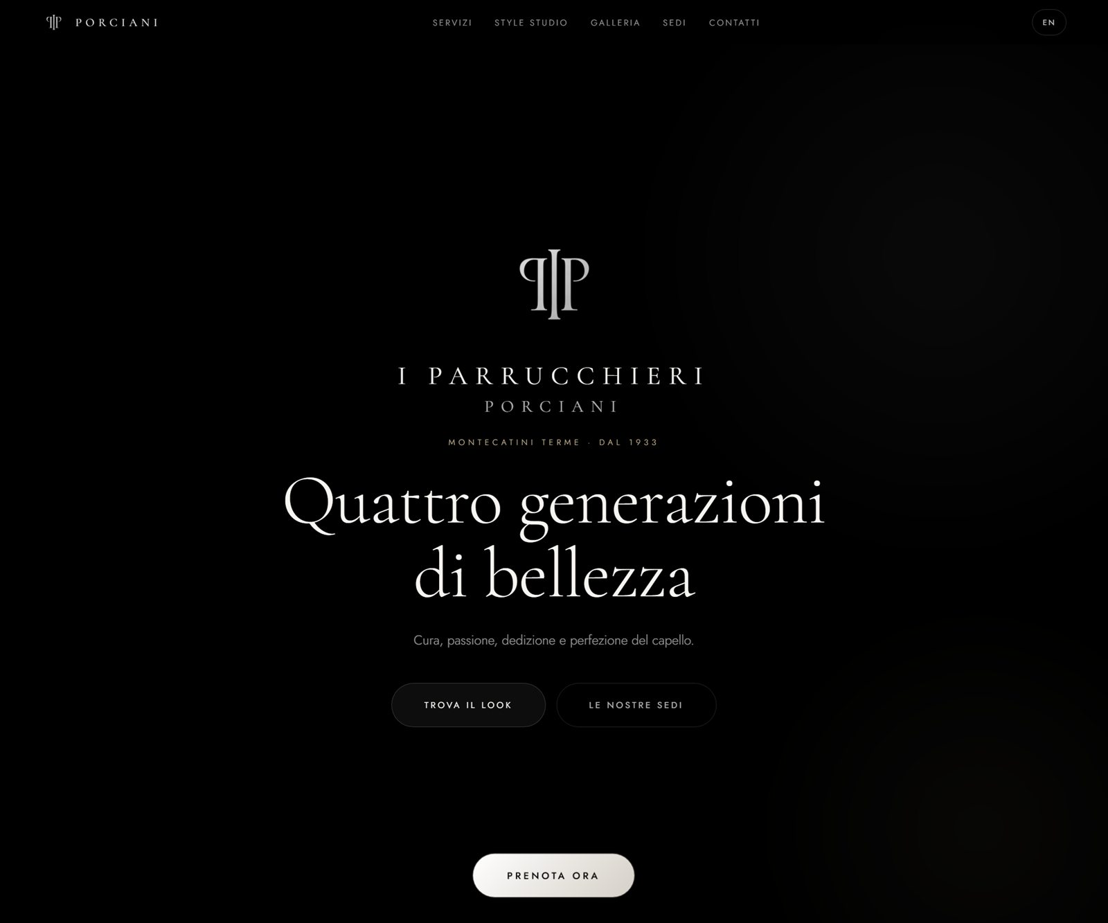Home page del sito I Parrucchieri Porciani: logo, titolo Quattro generazioni di bellezza e pulsante Prenota ora